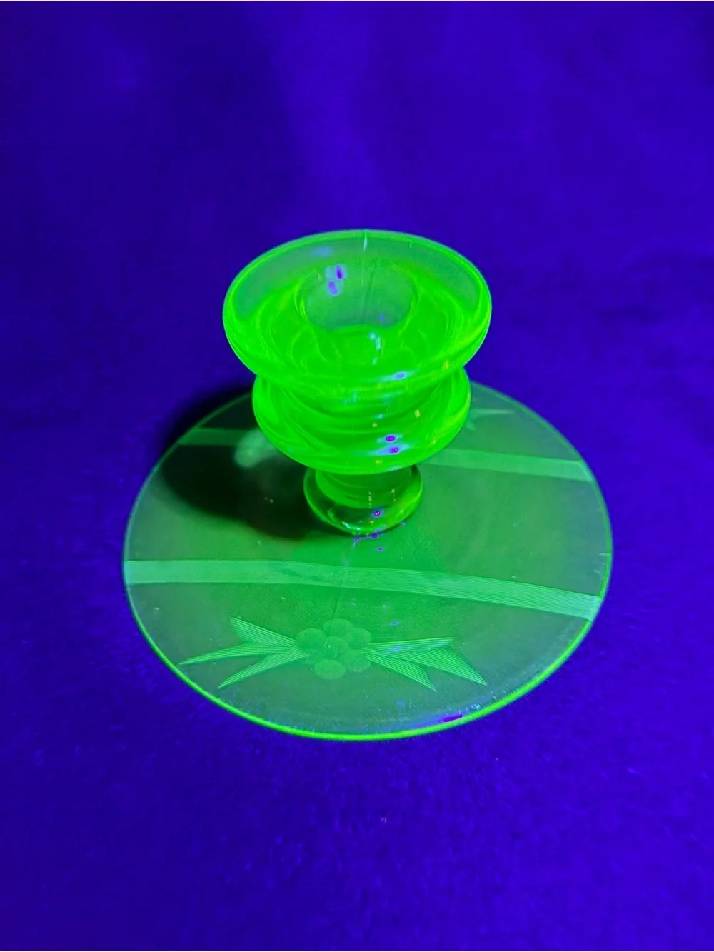 Mismatched Fostoria pair of Green Glass Candle Holders, one etched glows,